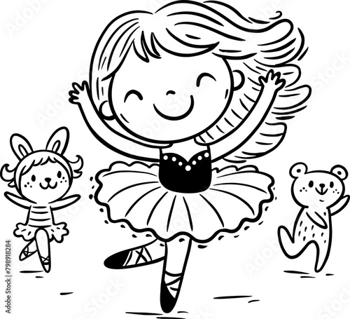 Ballerina girl. Cartoon little girl in tutu dress dances with toys. Child ballet dancer. Kids activities outline clipart