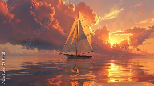 A sailboat gliding gracefully across calm waters, with billowing sails set against a backdrop of a fiery sunset sky.