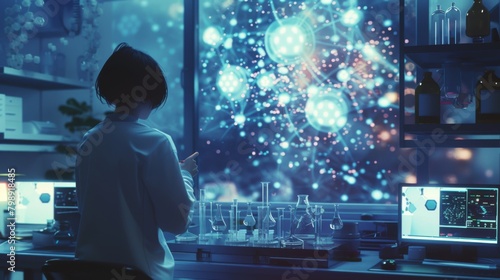 biochemist working on scientific research in a futuristic laboratory with icons of atoms with molecules  in the style of bokeh panorama   