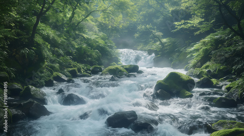 A serene mist-covered river flows through vibrant greenery, embodying tranquility and the beauty of untouched nature