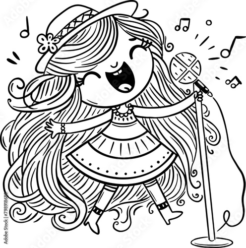 Cute cartoon girl singing a folk song into a microphone while standing on stage. Kids vector illustration. Coloring page