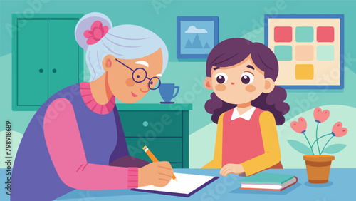 In the quiet of her room a young girl delicately pens her thoughts onto a page knowing it will bring a smile to her grandmothers face.. Vector illustration