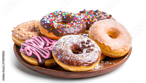 Plate with tasty donut isolated on white background