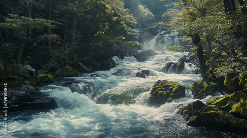 Sunlight filters through the trees, illuminating the vigorous cascade of a forest river invoking a sense of adventure and exploration