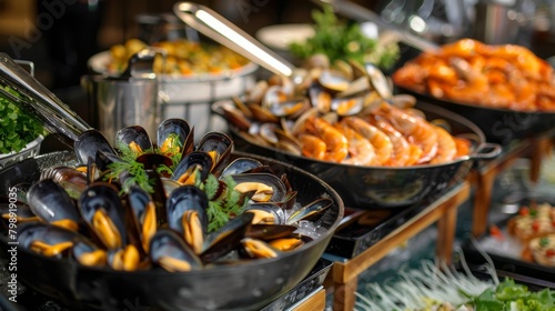 A seafood buffet spread featuring a selection of cooked mussels alongside other shellfish and seafood delicacies. photo
