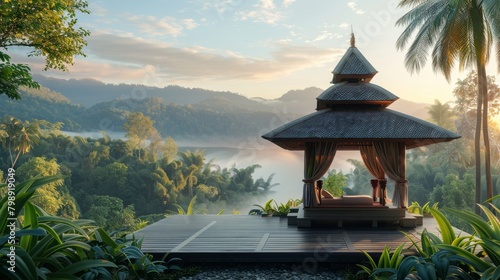 A traditional Thai massage pavilion overlooking a natural landscape, offering guests a peaceful retreat for relaxation and rejuvenation. photo