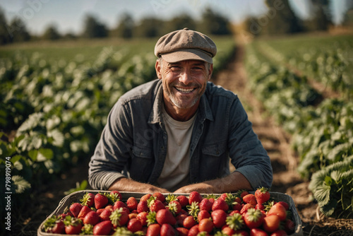 The farmer and the strawberry harvest. Strawberry harvesting by farmers. © Александр Поташев