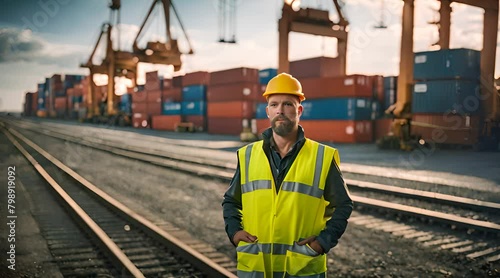 Arbeiter in Warnweste steht am Frachthafen photo