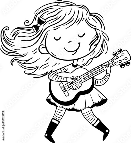 Cartoon girl standing and plays guitar. Kids activities clipart. Outline vector illustration. Coloring page for children