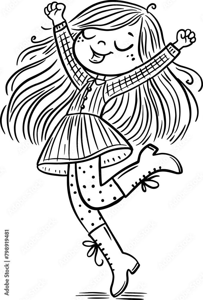 Sketch, a cute cartoon girl dances joyfull. Isolated outline vector illustration. Coloring book page for children Sketch, a cute cartoon girl dances joyfull. Isolated outline vector illustration. Coloring book page for children