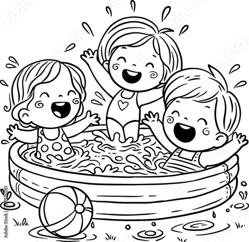 Cartoon little kids playing outdoors in the swimming pool. Children summer activities outline vector illustration
