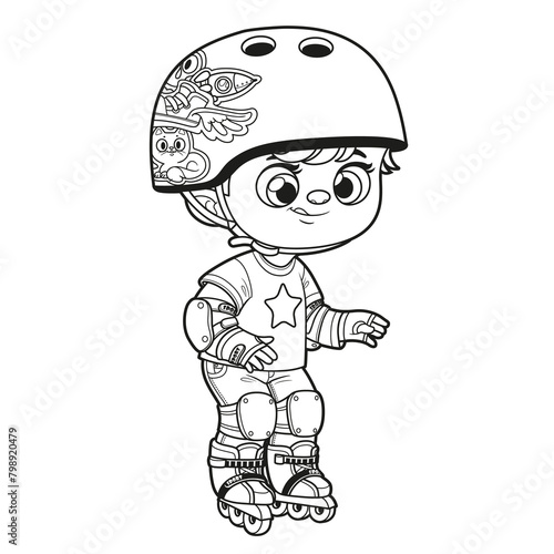 Cute cartoon boy in a helmet and wearing protective gear on roller skates outlined for coloring page on white background