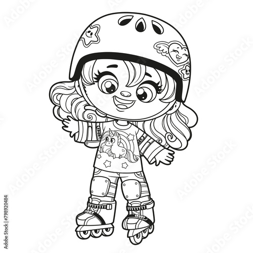 Cute cartoon girl in a helmet and wearing protective gear on roller skates outlined for coloring page on white background