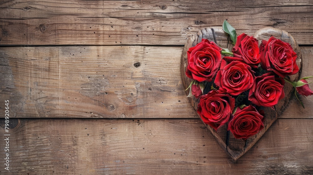 A lovely brown greeting card featuring a heart shape and a bouquet of red roses displayed on a wooden background perfect for Valentine s Day A lovely brown greeting card featuring a heart shape and a bouquet of red roses displayed on a wooden background perfect for Valentine s Day
