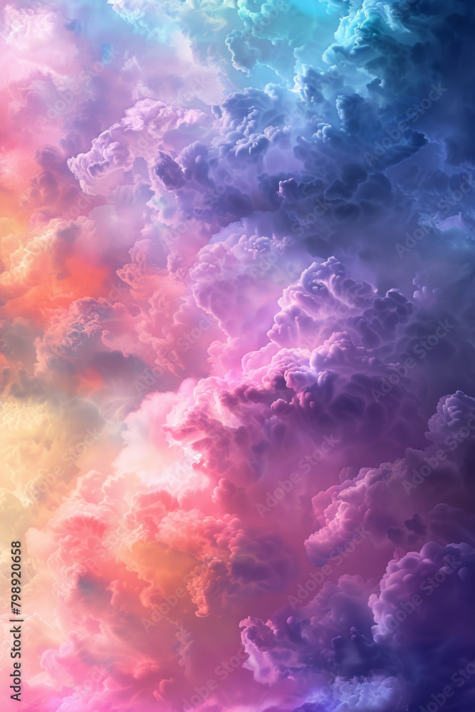 Fluffy clouds in a rainbow spectrum of colors, featuring soft gradients and dreamy shapes. Rainbow cloud textures offer a whimsical and magical backdrop