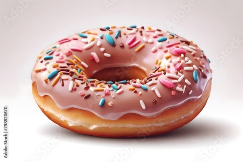 Close up of an isolated pink frosted donut with sprinkles on it on a white background. Donut day. photo