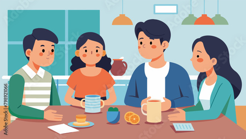 A family sitting around the kitchen table with concerned expressions as they discuss setting aside a portion of their income each month to