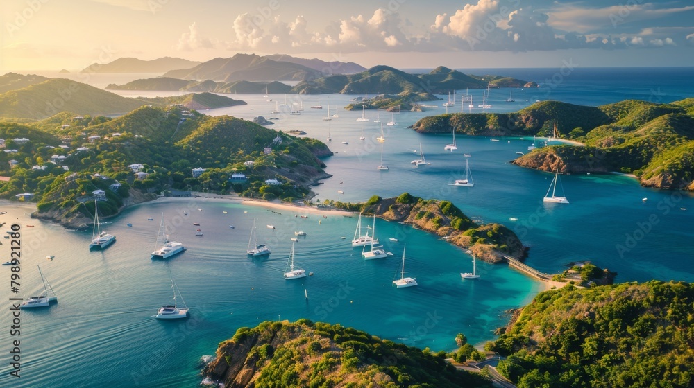 Fototapeta premium A serene bay dotted with sailing yachts and anchored boats, surrounded by emerald hillsides and pristine beaches.