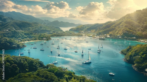 A serene bay dotted with sailing yachts and anchored boats, surrounded by emerald hillsides and pristine beaches. photo