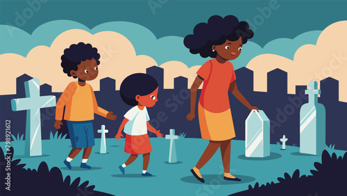 Children walking through a cemetery learning about the lives of formerly individuals buried there and paying their respects to those who fought for. Vector illustration