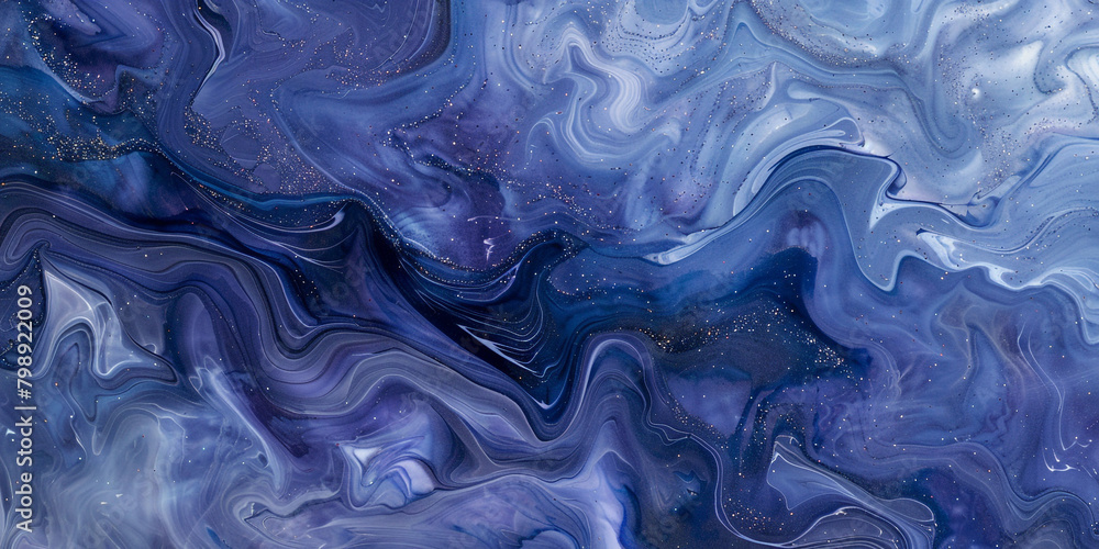 Enchanting periwinkle marble ink swirling gracefully amidst a spellbinding abstract scene, shimmering with glitters.