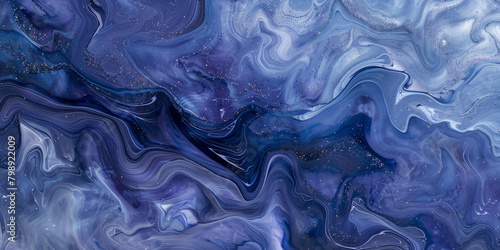 Enchanting periwinkle marble ink swirling gracefully amidst a spellbinding abstract scene, shimmering with glitters.