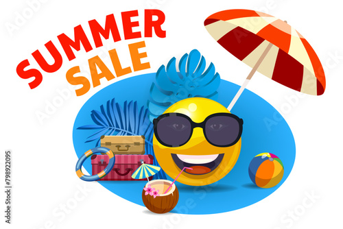 Summer sale poster Sun cartoon in sunglasses under beach umbrella