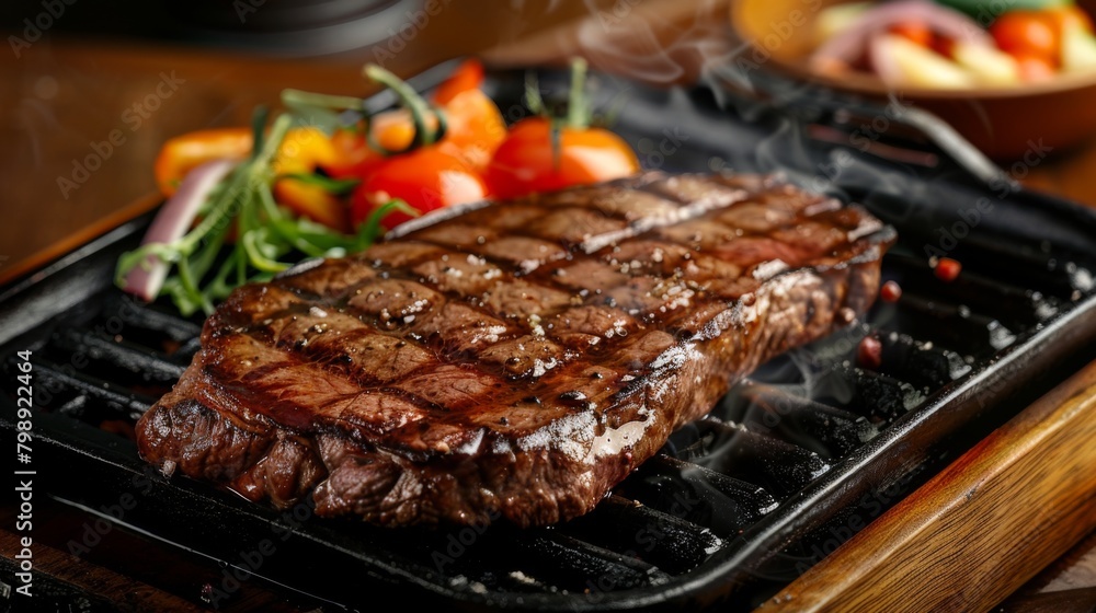 A sizzling steak fresh off the grill, adorned with grill marks and served with a side of vibrant vegetables, tempting viewers with its deliciousness.