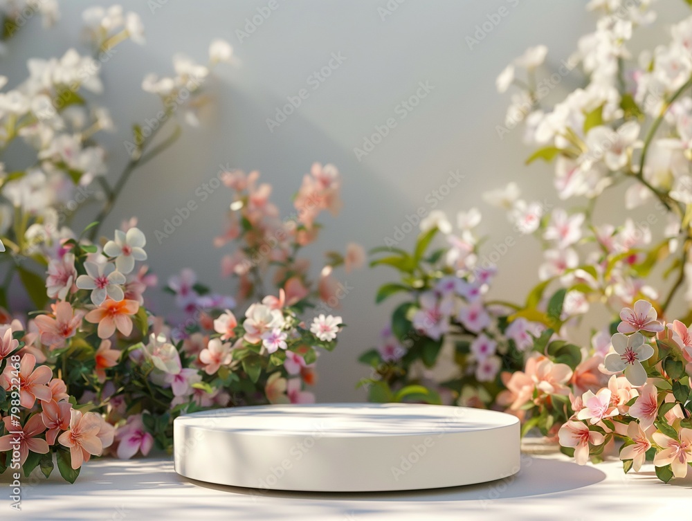 Podium mockup, Spring Flower Garden Podium Background, 3rd Render Podium mockup, Spring Flower Garden Podium Background, 3rd Render