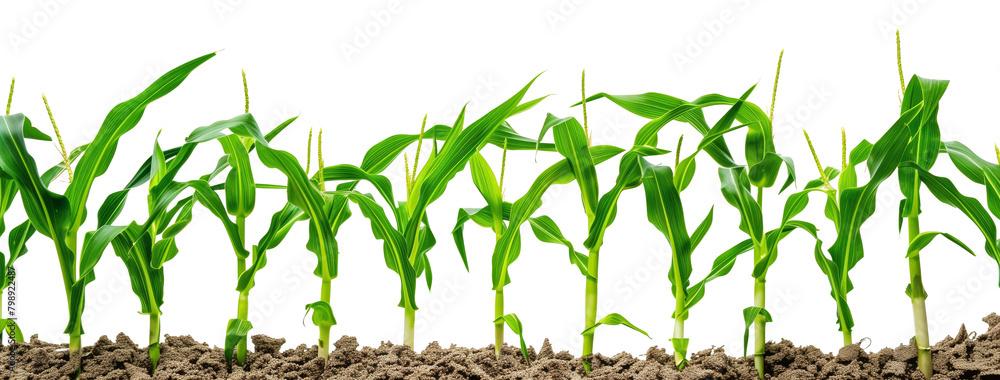 Green cornfield with field ripe corn, on white background Green cornfield with field ripe corn, on white background