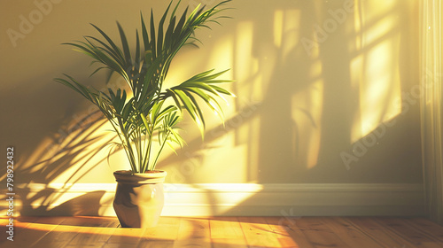 A potted plant adding a touch of greenery to a sunlit corner of the room.