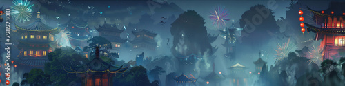 The banner. Chinese architecture with golden roofs, mountains, fog, cranes, fireworks, twilight rays. photo