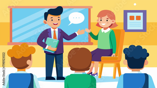A school assembly where a guest speaker shares their experience as a nonverbal person and teaches students how to better understand and communicate. Vector illustration