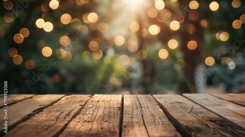 Image of wooden table in front of abstract blurred restaurant lights background,Empty Wooden Table Against Stunning Bokeh Background,A rustic wooden table glows with the warm light. Generated AI