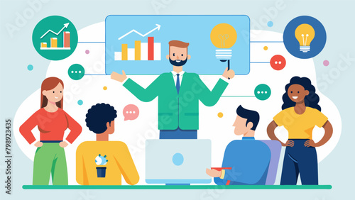 An interactive presentation on the business benefits of diversity and inclusion highlighting how diverse perspectives can drive innovation and improve. Vector illustration
