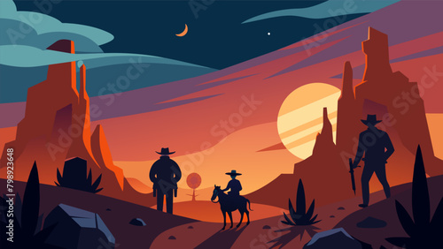 As the night goes on the audience is transported to the heart of the Wild West with a Western film featuring brave cowboys and rugged landscapes.. Vector illustration