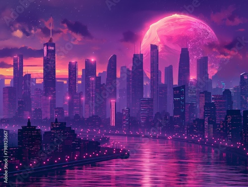 A cityscape with a large pink moon in the sky. The city is lit up with neon lights and the water is reflected in the lights. Scene is dreamy and surreal photo