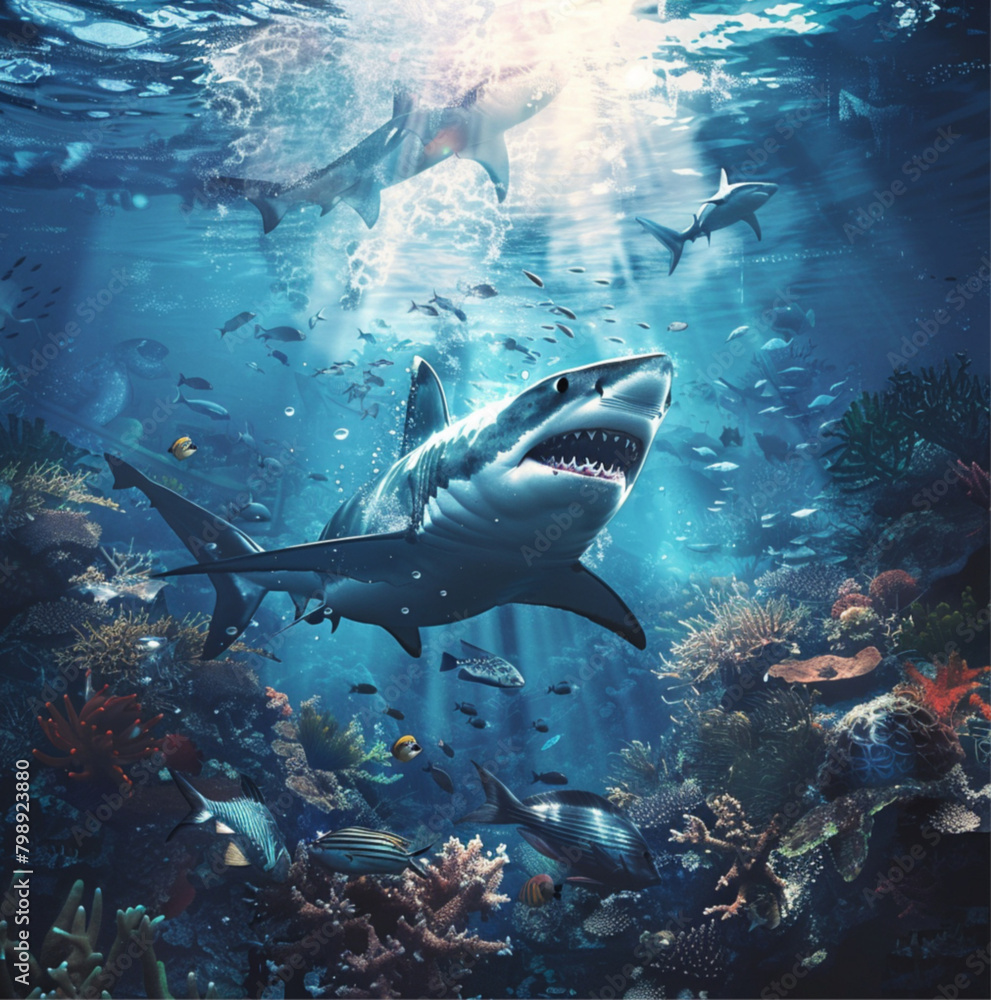 In the sea, amidst many fish, a terrifying shark is chasing, with coral reefs below In the sea, amidst many fish, a terrifying shark is chasing, with coral reefs below