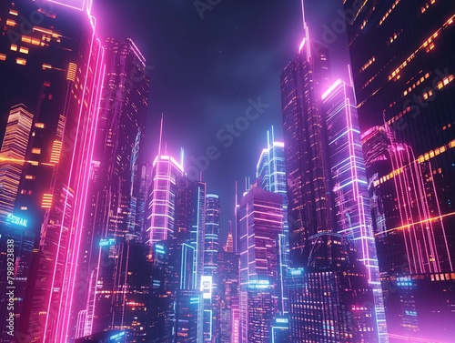 A cityscape with neon lights and a dark sky. The city is lit up in a neon pink color