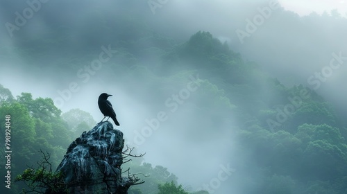 Solitary bird surveys the fog-wrapped forest, an embodiment of tranquil wilderness