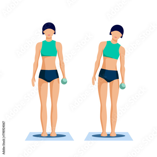 A girl performs an exercise to strengthen the muscles of the lower back. A woman does side bends with dumbbells. Flat back workout. Training educational scheme. Vector illustration.