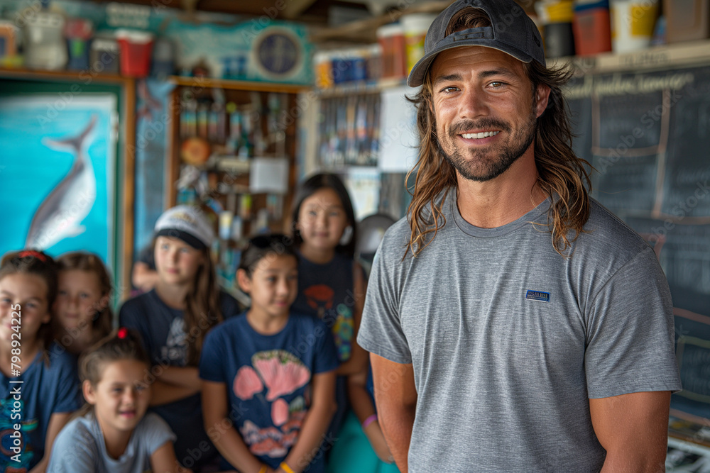 Educational Outreach: At a vibrant seaside classroom, a passionate educator captivates a diverse group of students with tales of ocean conservation and the harmful impacts of plast Educational Outreach: At a vibrant seaside classroom, a passionate educator captivates a diverse group of students with tales of ocean conservation and the harmful impacts of plast