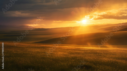 The golden sun casts a warm glow over the vast landscape of rolling hills, providing a sense of peace and the enduring beauty of nature