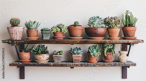 A wall-mounted shelf adorned with succulents and decorative pottery, adding life.