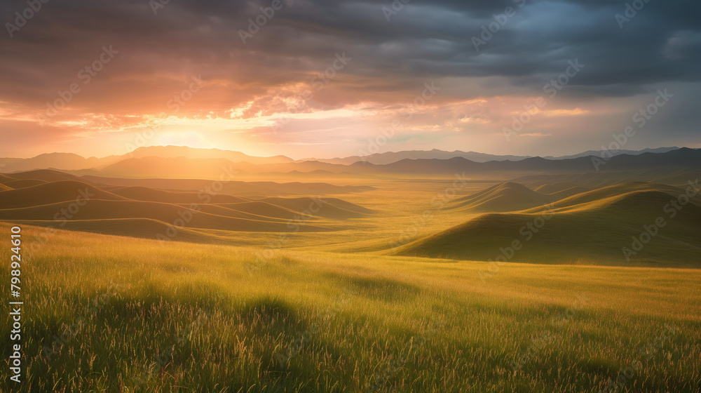 A stunning display of a sunset over an expanse of undulating hills and grasslands, illustrating the grandeur of nature
