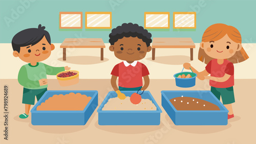 Students can create their own sensory bins in the room using different sensory materials such as dried rice beans or sand to engage in tactile play. Vector illustration