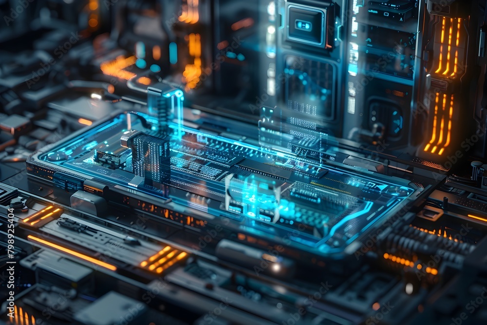 Futuristic Quantum Computer Mainframe with Glowing Holographic Displays and Intricate Data Visualizations in a Sleek Monochrome Laboratory Environment