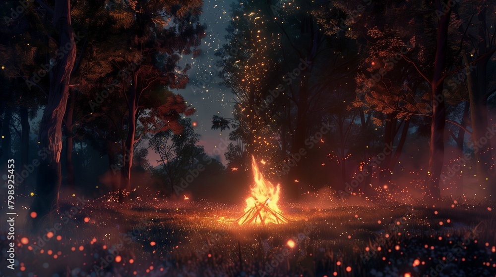 Deep within the heart of a secluded forest, an anime-style bonfire flickers with enchanting brilliance.