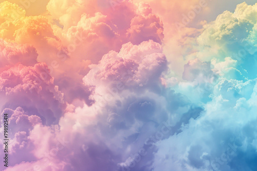 Fluffy clouds in a rainbow spectrum of colors, featuring soft gradients and dreamy shapes. Rainbow cloud textures offer a whimsical and magical backdrop © grey