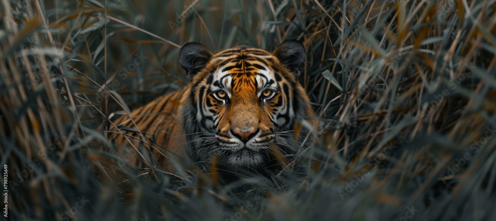 A majestic tiger laying in the tall grass, looking directly at the ...
